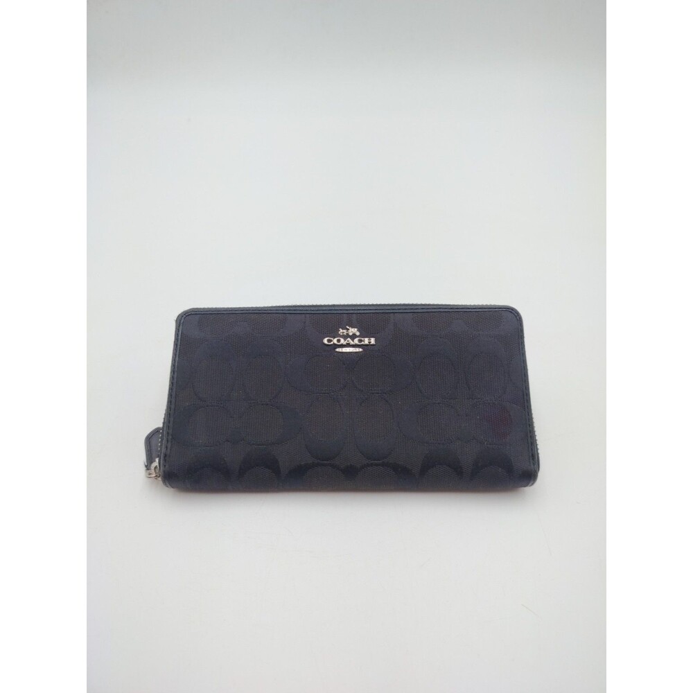Coach 8" Zip Around Signature Accordion Wallet In All Black Heavy Wear (Read)